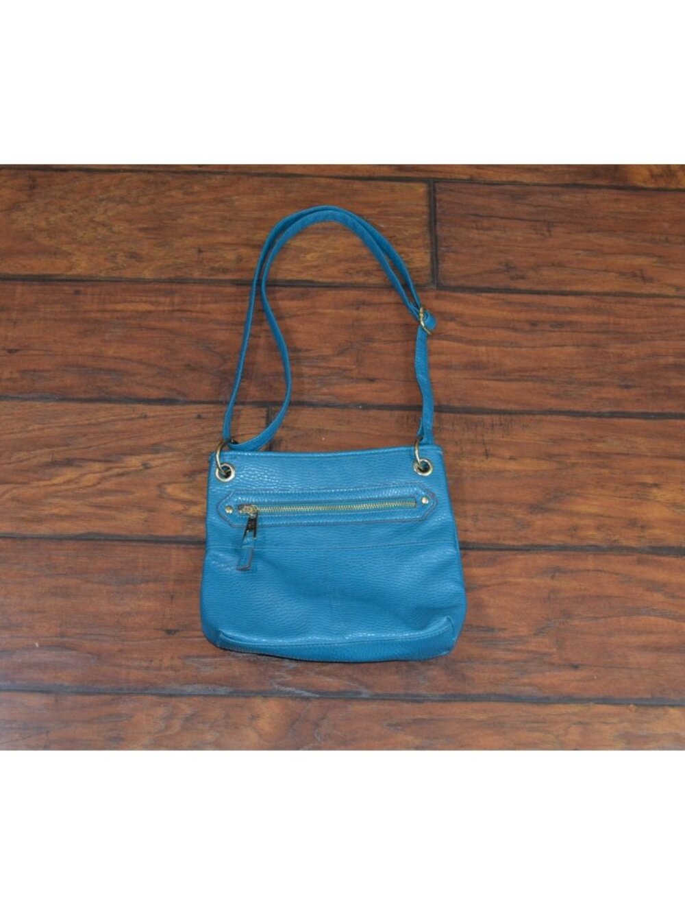 Teal Blue Faux Leather Crossbody Purse Handbag Bag Zip Gold Casual Minimalist